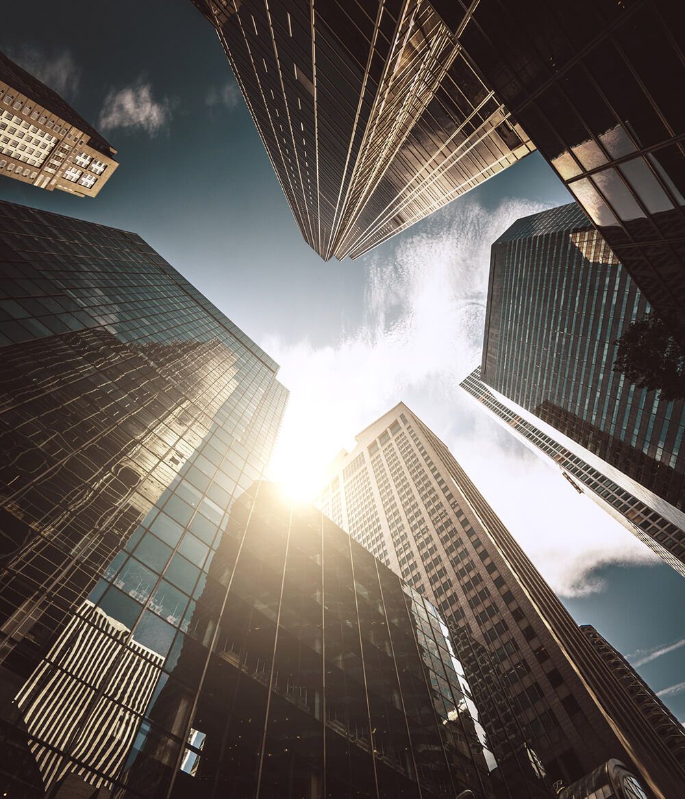 Sunny towering skyscrapers